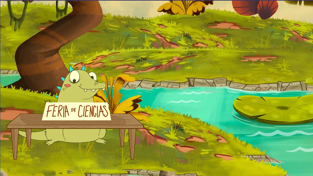 Caricatura de cocodrilo, en medio de un hermoso paisaje verde, en medio de la imagen se ve un río cruzando de lado a lado. el cocodrilo tiene en frente una mesa y encima de ella un cartel que dice "Feria de ciencias"