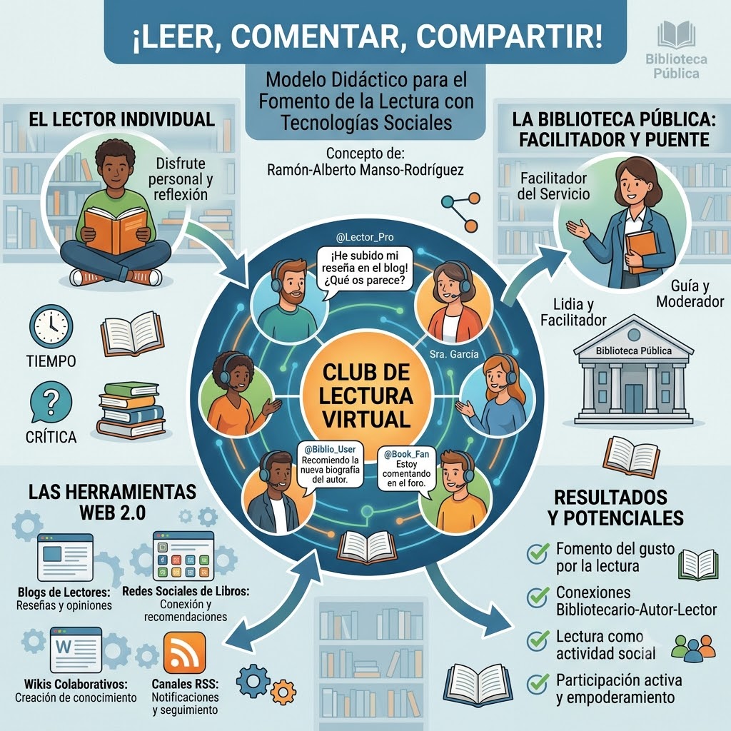 Personas diversas en biblioteca moderna comparten lectura. En centro, grupo discute libro que conecta a tableta/móvil. Alrededor, iconos de 'compartir' y 'comentar' interconectados. Título: '¡LEER, COMENTAR, COMPARTIR!'. Subtítulo: 'EL FOMENTO DE LA LECTURA Y TECNOLOGÍAS SOCIALES'.