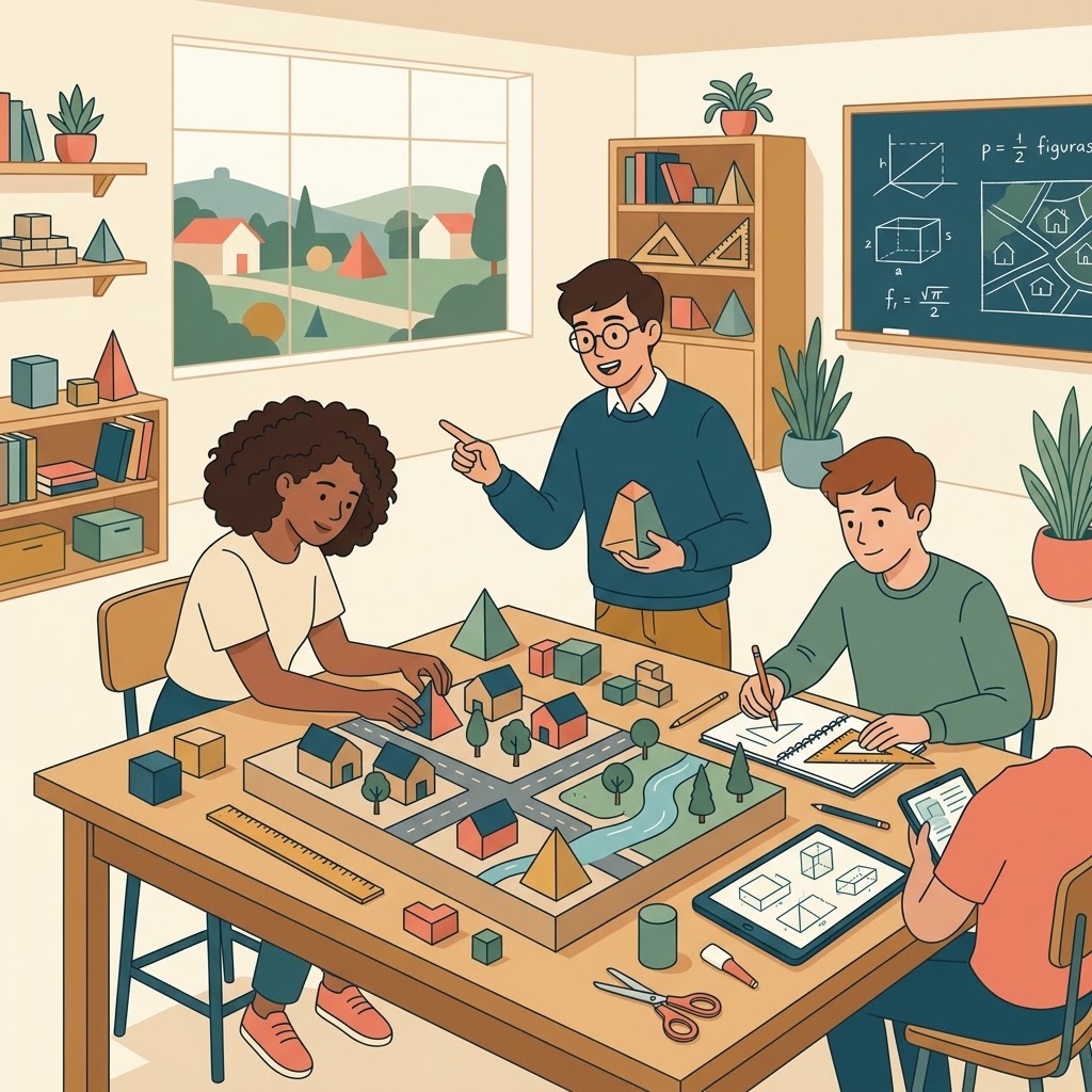 La imagen ilustra a tres estudiantes colaborando activamente en la construcción de una maqueta interactiva de su entorno comunitario, combinando formas geométricas con el modelado del espacio que habitan. Las figuras tridimensionales, la tableta con planos, la pizarra con ecuaciones y el paisaje real visible a través de la ventana refuerzan el aprendizaje de la geometría aplicada a su propia realidad cotidiana
