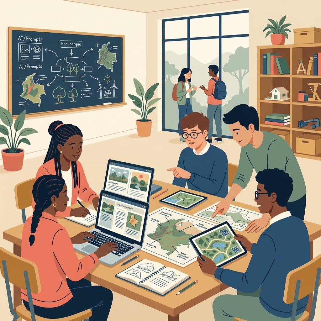 Ilustración plana de jóvenes en un aula diseñando un eco-parque colombiano ("Green prompts" / IA) en una mesa con portátiles, tabletas con mapas y planos. Al fondo, una pizarra con esquemas de IA y mapas, una estantería con libros y una ventana con estudiantes
