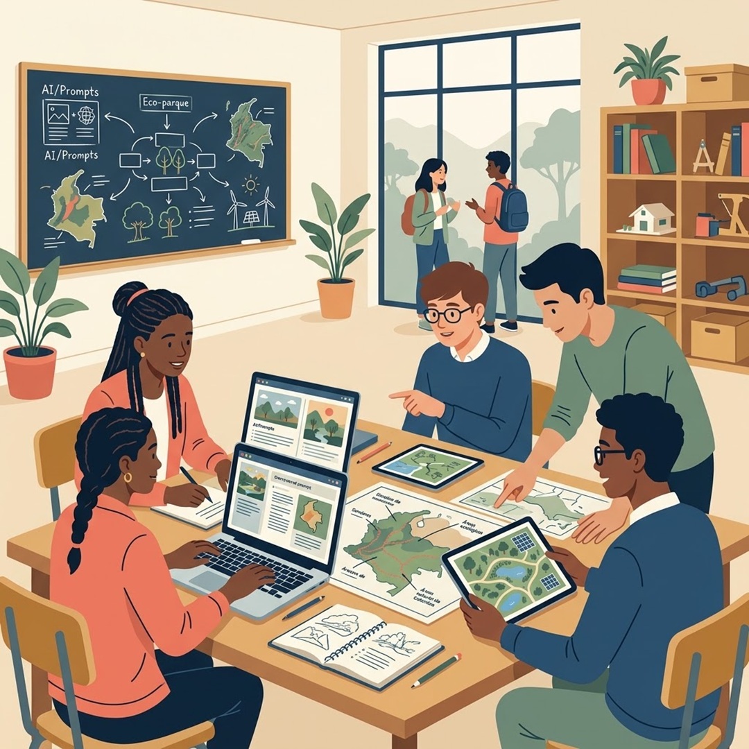 Ilustración plana de jóvenes en un aula diseñando un eco-parque colombiano ("Green prompts" / IA) en una mesa con portátiles, tabletas con mapas y planos. Al fondo, una pizarra con esquemas de IA y mapas, una estantería con libros y una ventana con estudiantes