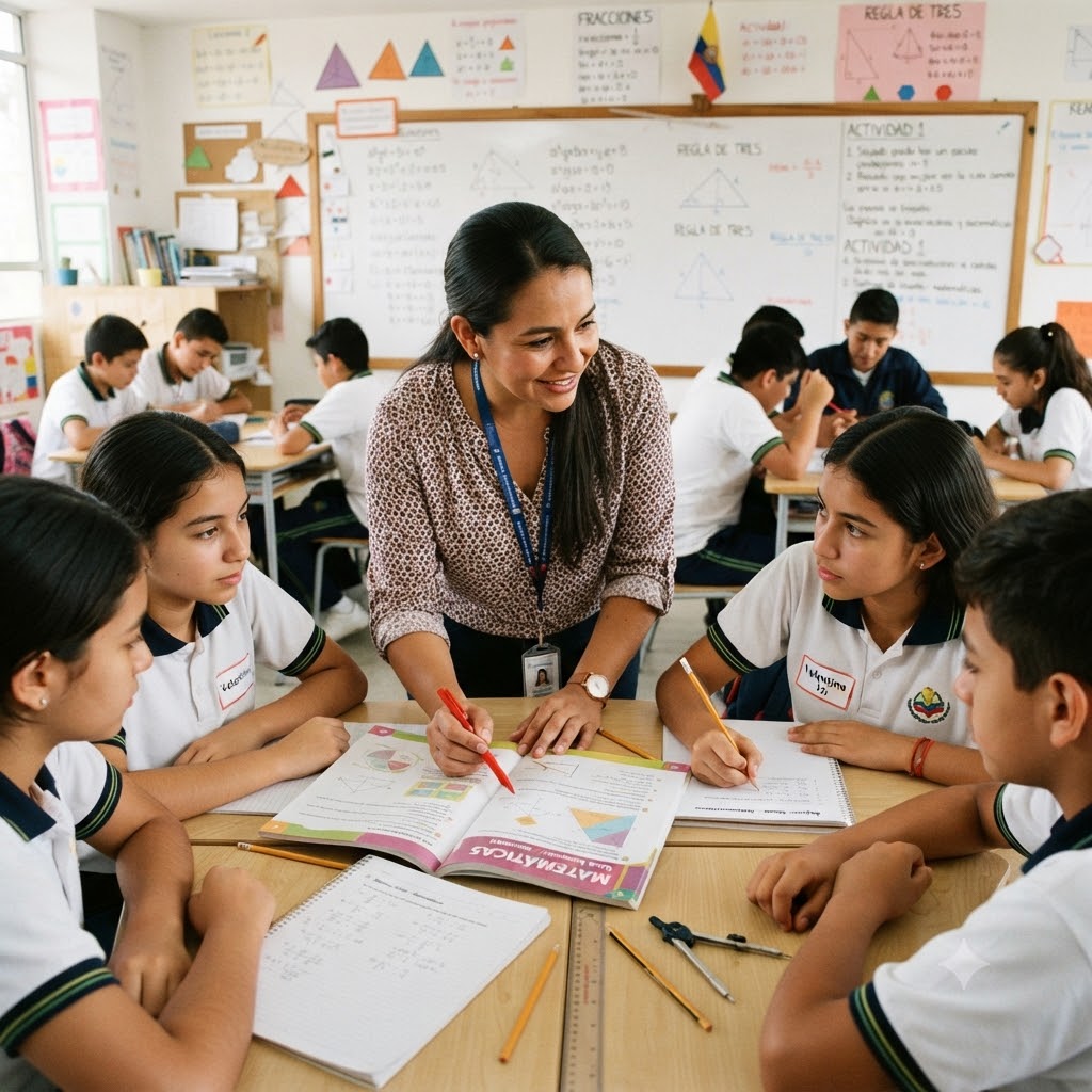 Una maestra sonriente, parada en el centro, explica geometría a cuatro estudiantes sentados alrededor de una mesa. Tienen libros de matemáticas, cuadernos y herramientas de dibujo. El aula está llena, con otros estudiantes en el fondo y la pizarra blanca llena de diagramas matemáticos y la bandera colombiana.