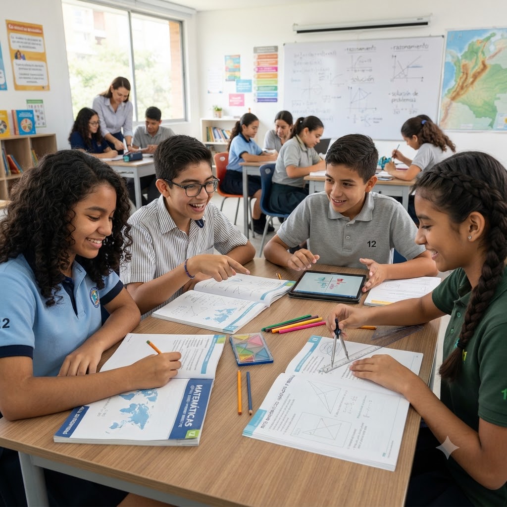 Aula luminosa con estudiantes de uniforme. En primer plano, cuatro adolescentes colaboran en una mesa con libros de matemáticas, un compás y una tablet. Al fondo, más alumnos trabajan y una profesora supervisa. En la pizarra se ven fórmulas y un mapa de Colombia. Ambiente de aprendizaje activo.