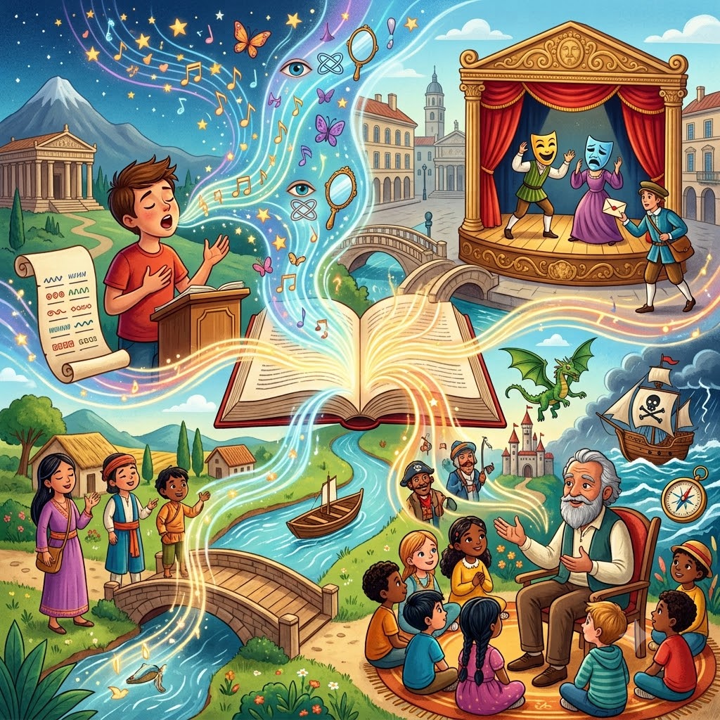 Ilustración de un gran libro mágico abierto del que brotan luz e historias: un niño cantando poesía, actores con máscaras en un teatro, y un anciano narrando cuentos a varios niños junto a un barco pirata y un dragón. Representa la magia de los géneros literarios.