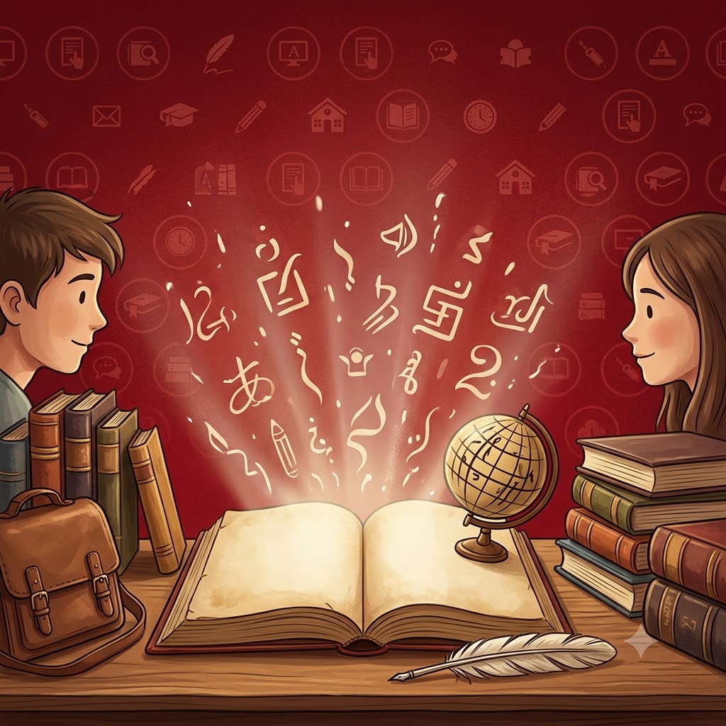 Ilustración de un niño y una niña frente a un libro abierto del que emanan luz y letras de varios idiomas flotando. Sobre la mesa hay libros apilados, un globo terráqueo, una mochila y una pluma. El fondo es rojo oscuro con íconos educativos tenues.