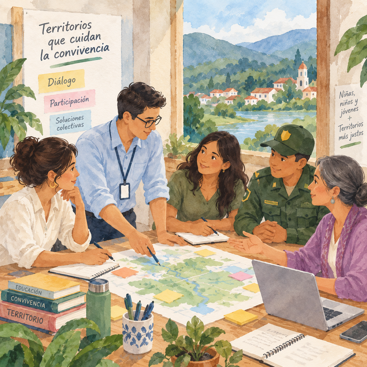 Ilustración de cinco personas adultas reunidas alrededor de una mesa, trabajando colaborativamente sobre un mapa del territorio. Hay computadores, documentos, cuadernos y materiales de trabajo. Al fondo se observa un paisaje con montañas, río, árboles y viviendas.