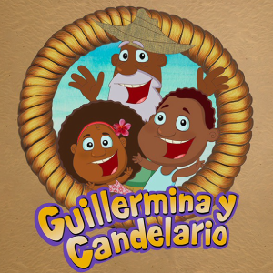 Logo de "Guillermina y Candelario". En un marco circular tejido están los rostros sonrientes de los niños afrodescendientes Guillermina y Candelario, acompañados de su abuelo con sombrero de paja. Debajo, el nombre de la serie en letras moradas y amarillas sobre fondo beige.