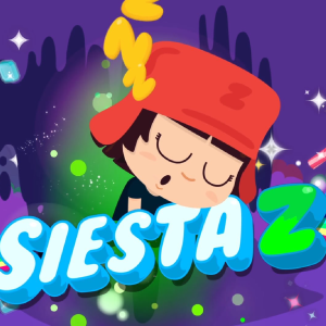 Ilustración del logo "SIESTA Z". Muestra a un niño de caricatura durmiendo con un gorro rojo de orejeras, del que sale una "Z" amarilla. El fondo es morado con destellos luminosos verdes. Abajo, el título "SIESTA Z" en letras grandes y azules.