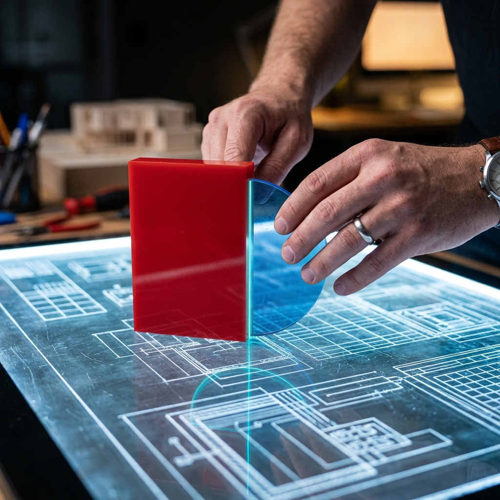Manos uniendo piezas geométricas de acrílico traslúcido (un rectángulo rojo y un semicírculo azul) sobre una mesa de dibujo iluminada para formar una figura compuesta. Líneas de luz brillante destacan la unión de ambas formas. Estilo fotorrealista, moderno y dinámico con enfoque selectivo.