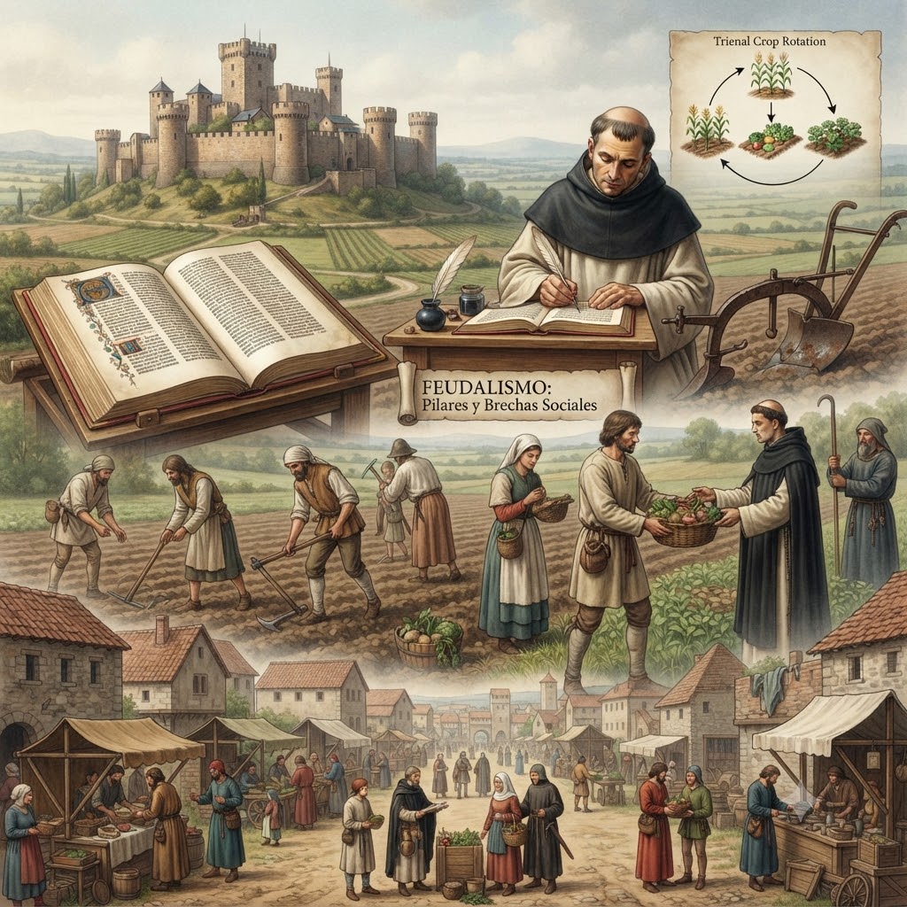 Ilustración histórica sobre el feudalismo. Muestra un castillo, un monje escribiendo, un diagrama de rotación trienal de cultivos y campesinos trabajando la tierra. Incluye el título "FEUDALISMO: Pilares y Brechas Sociales". Abajo, un mercado medieval con mercaderes y artesanos.