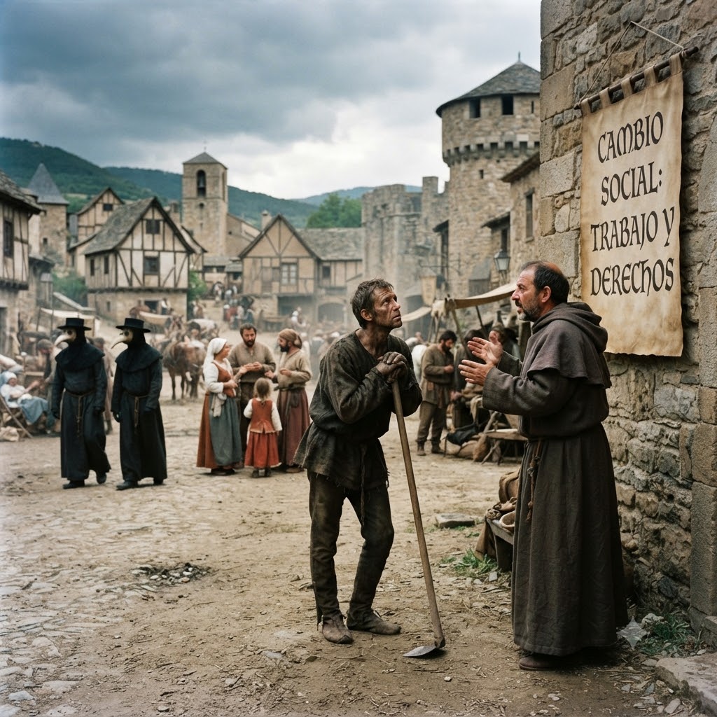 Plaza medieval con aldeanos. En primer plano, un fraile habla con un campesino que sostiene una azada. Detrás, dos médicos de la peste. A la derecha, un cartel dice: "CAMBIO SOCIAL: TRABAJO Y DERECHOS". Al fondo, pueblo con murallas y montaña bajo cielo nublado.