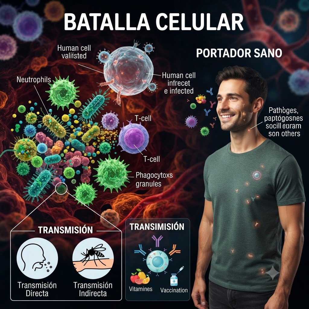 Infografía sobre inmunología. Muestra la "BATALLA CELULAR" entre patógenos y glóbulos blancos (Neutrófilos, T-cells) y un "PORTADOR SANO" asintomático. Incluye secciones de "TRANSMISIÓN" (directa e indirecta) y factores de prevención como "Vitamines" y "Vaccination". El texto presenta errores tipográficos.