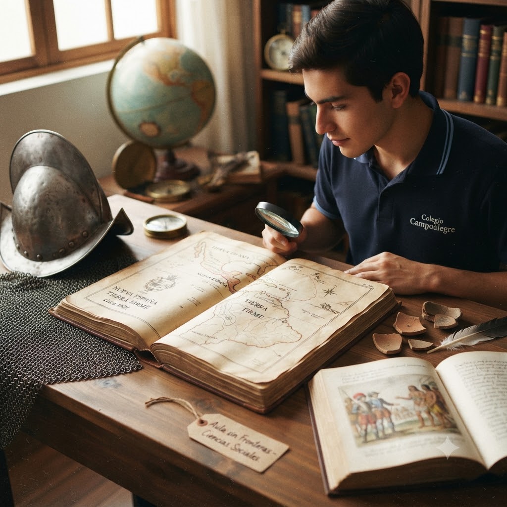 Estudiante con uniforme del Colegio Campoalegre observa con lupa un mapa antiguo de "Tierra Firme" en un escritorio de madera. Incluye un morrión, cota de malla, globo terráqueo, brújula, fragmentos de cerámica y una etiqueta que dice "Aula sin Fronteras - Ciencias Sociales".
