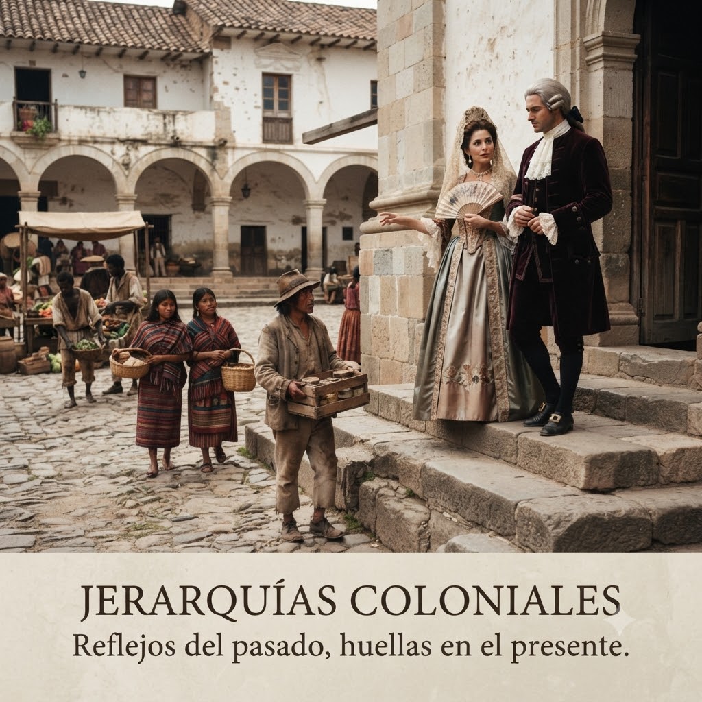 Plaza colonial empedrada con soportales y edificios de piedra. En primer plano, una pareja adinerada española dialoga sobre una escalinata. Abajo, cargados con mercancías, transitan un campesino indígena y dos mujeres locales. Al fondo, un mercado con personas afrodescendientes. Abajo se lee: "JERARQUÍAS COLONIALES. Reflejos del pasado, huellas en el presente."