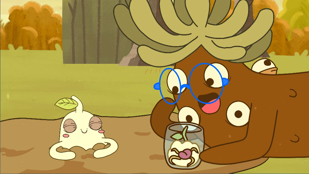 Frailejón en caricatura observando y cuidando una semilla que está plantada en un vaso de vidrio. Al lado se observa una semilla naciendo de la tierra muy sonriente y feliz de estar con el frailejón.