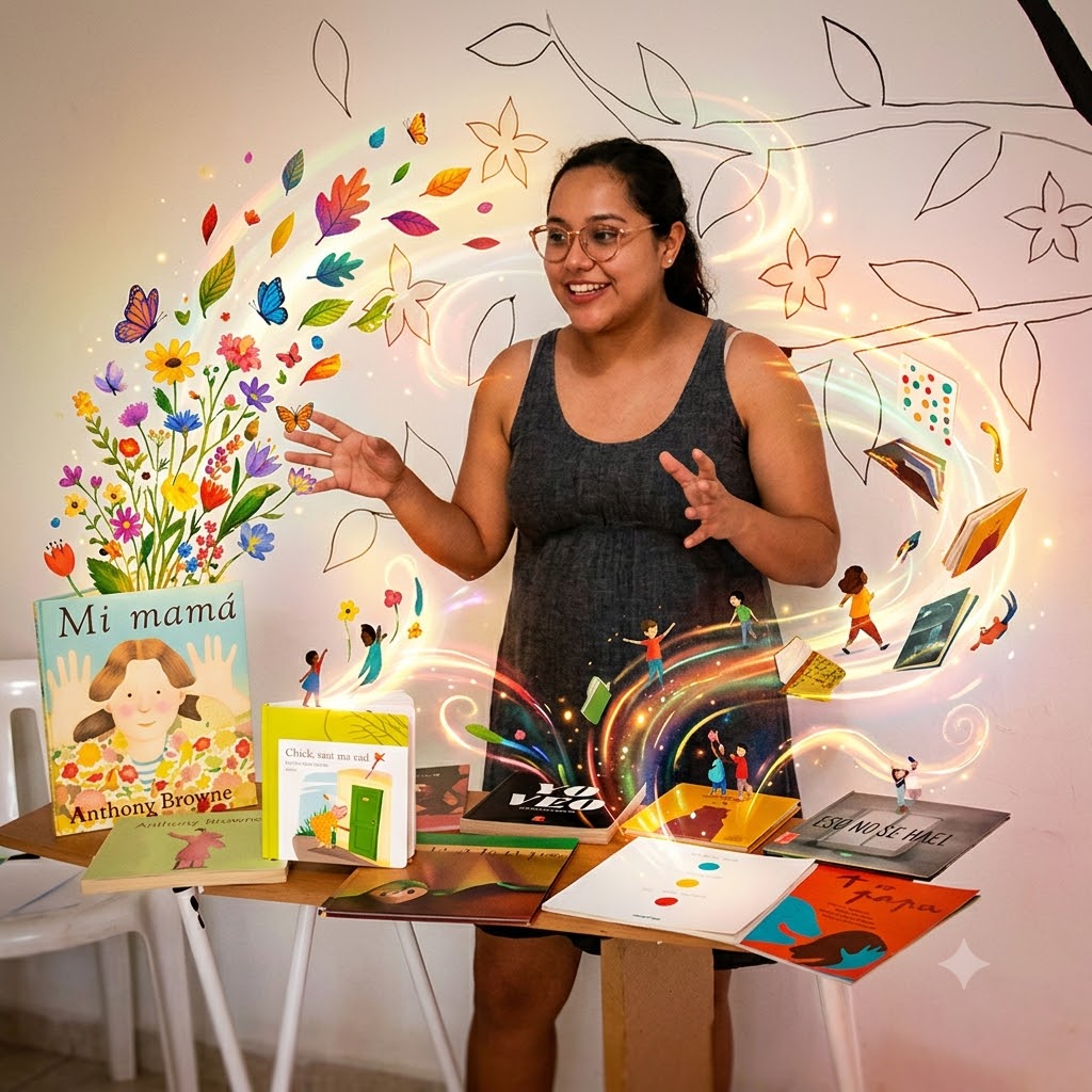 Mujer sonriente con gafas presenta libros infantiles sobre una mesa. De los libros emergen coloridas y brillantes ilustraciones mágicas (flores, mariposas, hojas y personajes diminutos) que flotan a su alrededor. Al fondo, una pared blanca con un mural de hojas dibujadas.
