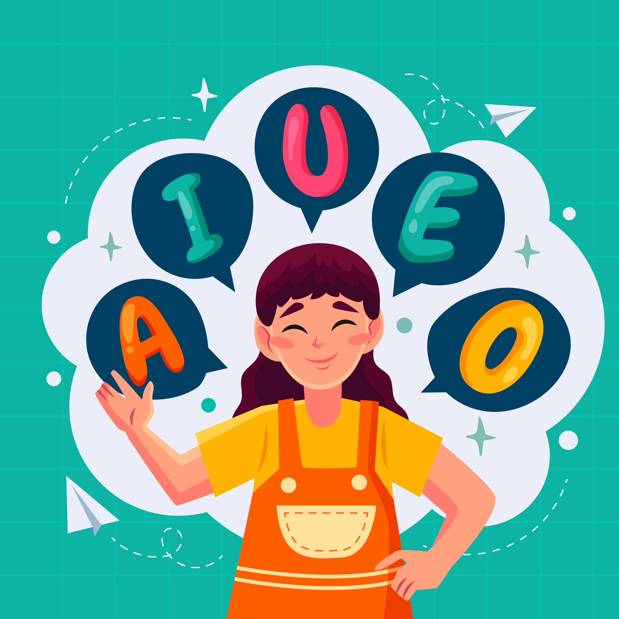 Ilustración donde aparece una niña con una nube detrás y dentro de la nube aparecen las vocales.
