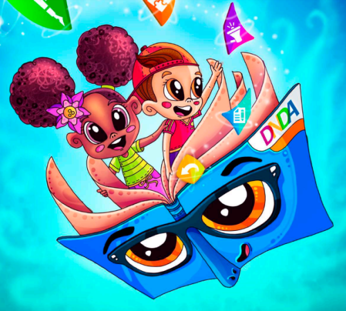 Lira y Bongo a y través del derechos de autor (un niño y una niña volando sobre un libro con ojos