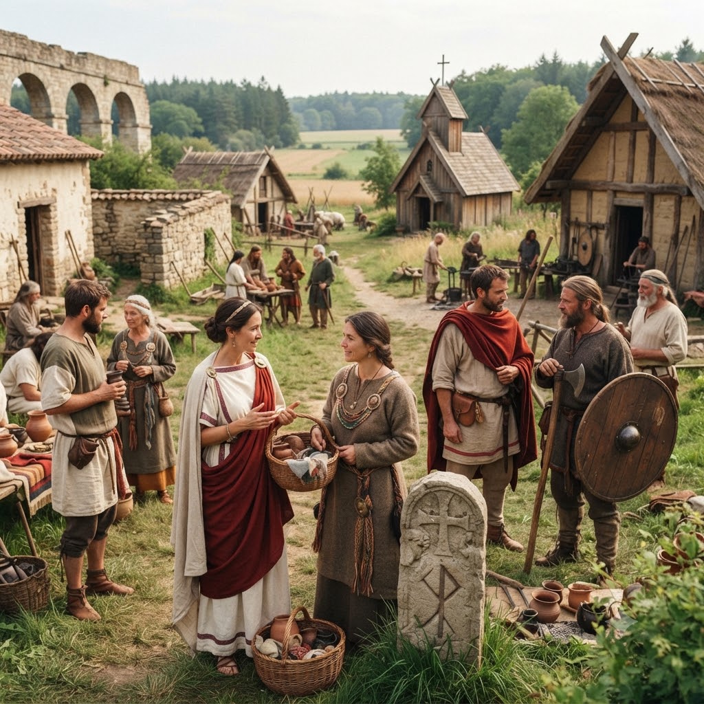 Recreación histórica de una aldea medieval. Conviven edificios de piedra tipo romano con chozas de madera y una iglesia. Personas vestidas con túnicas romanas y trajes germánicos interactúan en el centro. A la derecha, un hombre lleva hacha y escudo. Estela con símbolos cristianos y rúnicos en primer plano.