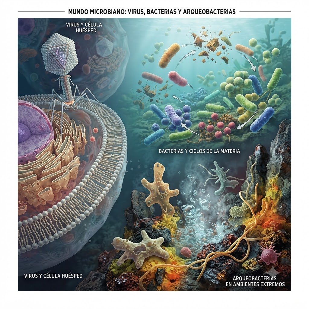 Ilustración científica educativa sobre el mundo microbiano dividida en tres secciones. A la izquierda, un bacteriófago sobre una célula eucariota. Arriba a la derecha, bacterias en ciclos de materia. Abajo a la derecha, arqueobacterias en ambientes extremos como fuentes termales. Incluye etiquetas de texto.