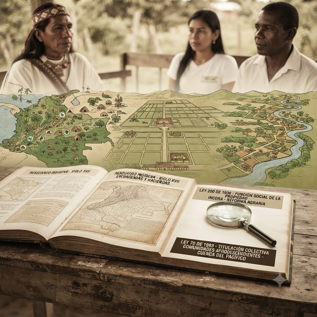 Ilustración histórica sobre la tenencia de la tierra en Colombia. Arriba, tres personas (indígena, mestiza, afrodescendiente). Abajo, un libro abierto con mapas y texto sobre resguardos, la Ley 200 de 1936 y la Ley 70 de 1993. Incluye lupa y una línea de tiempo visual de asentamientos.