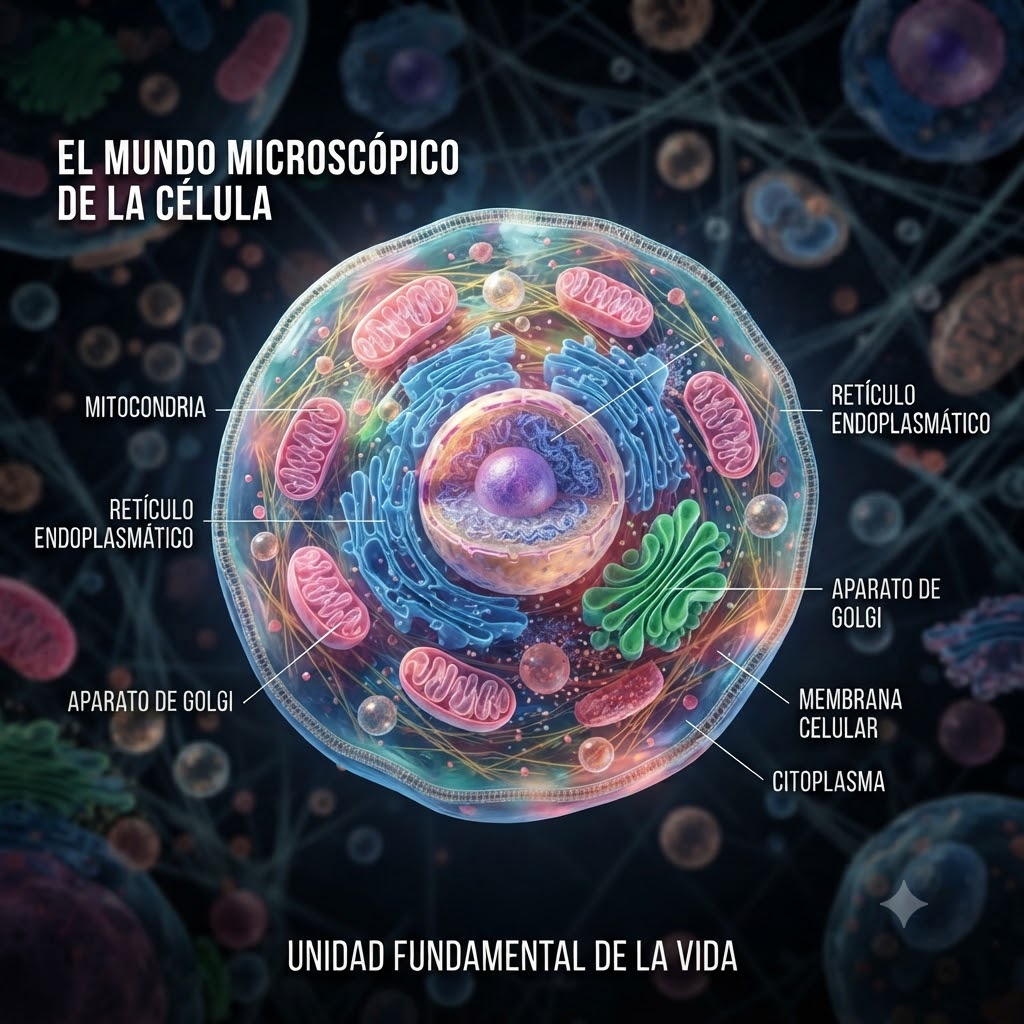 Ilustración educativa de una célula animal con núcleo, mitocondrias, retículo endoplasmático, aparato de Golgi, membrana y citoplasma claramente etiquetados en español. Fondo oscuro con otras células desenfocadas. Textos: "EL MUNDO MICROSCÓPICO..." y "UNIDAD FUNDAMENTAL DE LA VIDA".