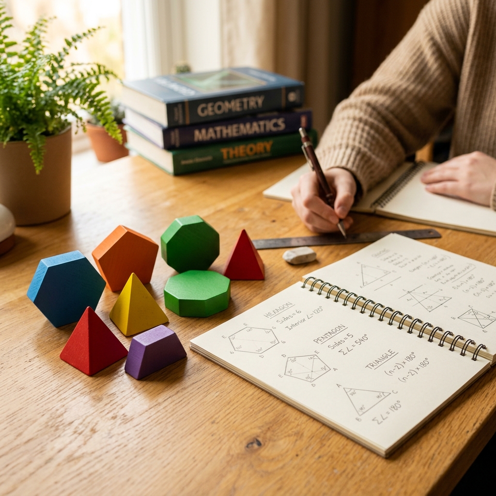 Modelos de madera en 3D de polígonos de colores (triángulo, pentágono, hexágono) sobre un escritorio. Junto a ellos, un cuaderno abierto con trazos geométricos a lápiz que señalan lados y ángulos en una escena de estudio luminosa y enfocada.