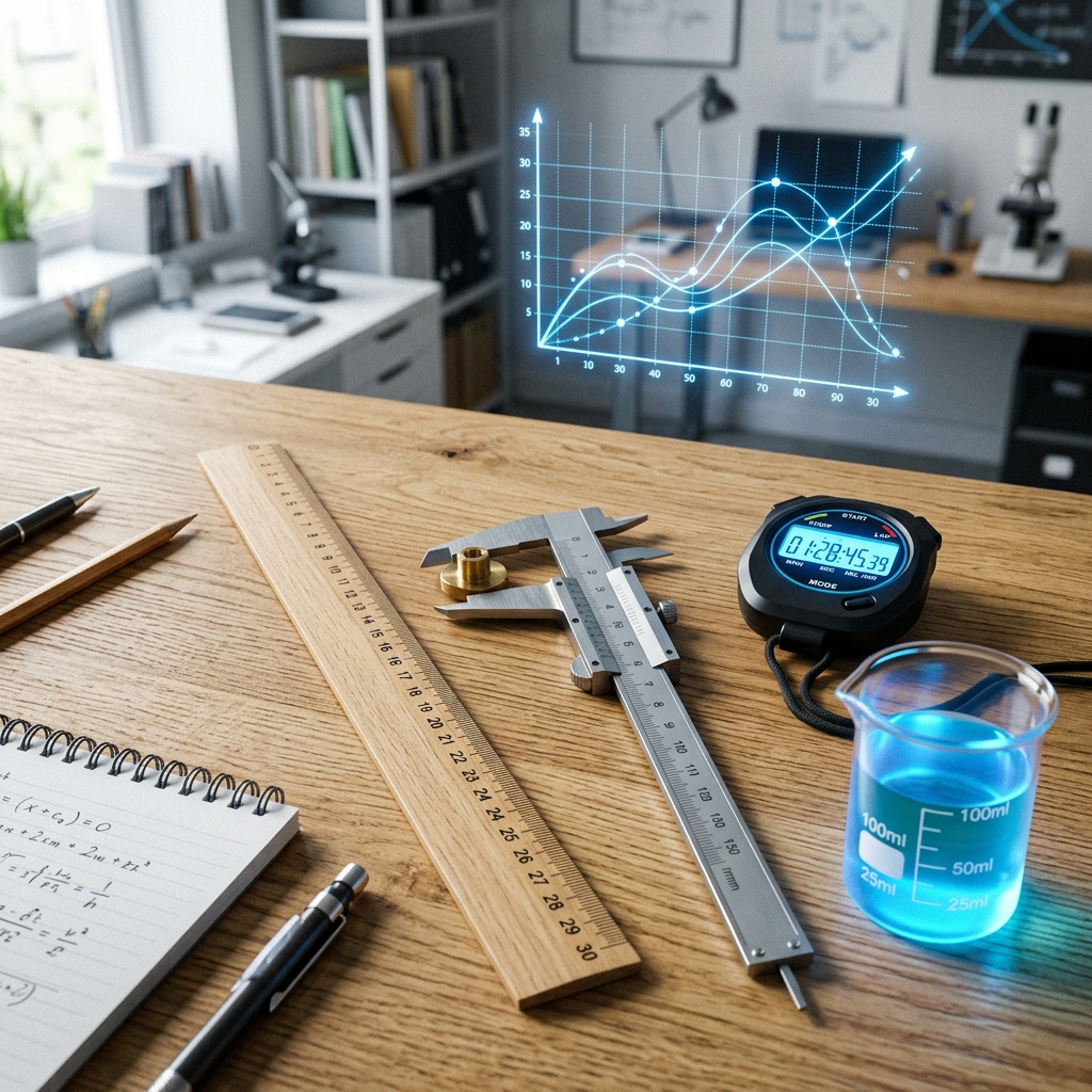 Escritorio moderno iluminado con herramientas de medición: regla de madera, calibrador metálico, cronómetro digital y un vaso de precipitados con líquido azul. De fondo, un gráfico holográfico sutil con curvas ascendentes que representa la comparación y relación de cantidades.