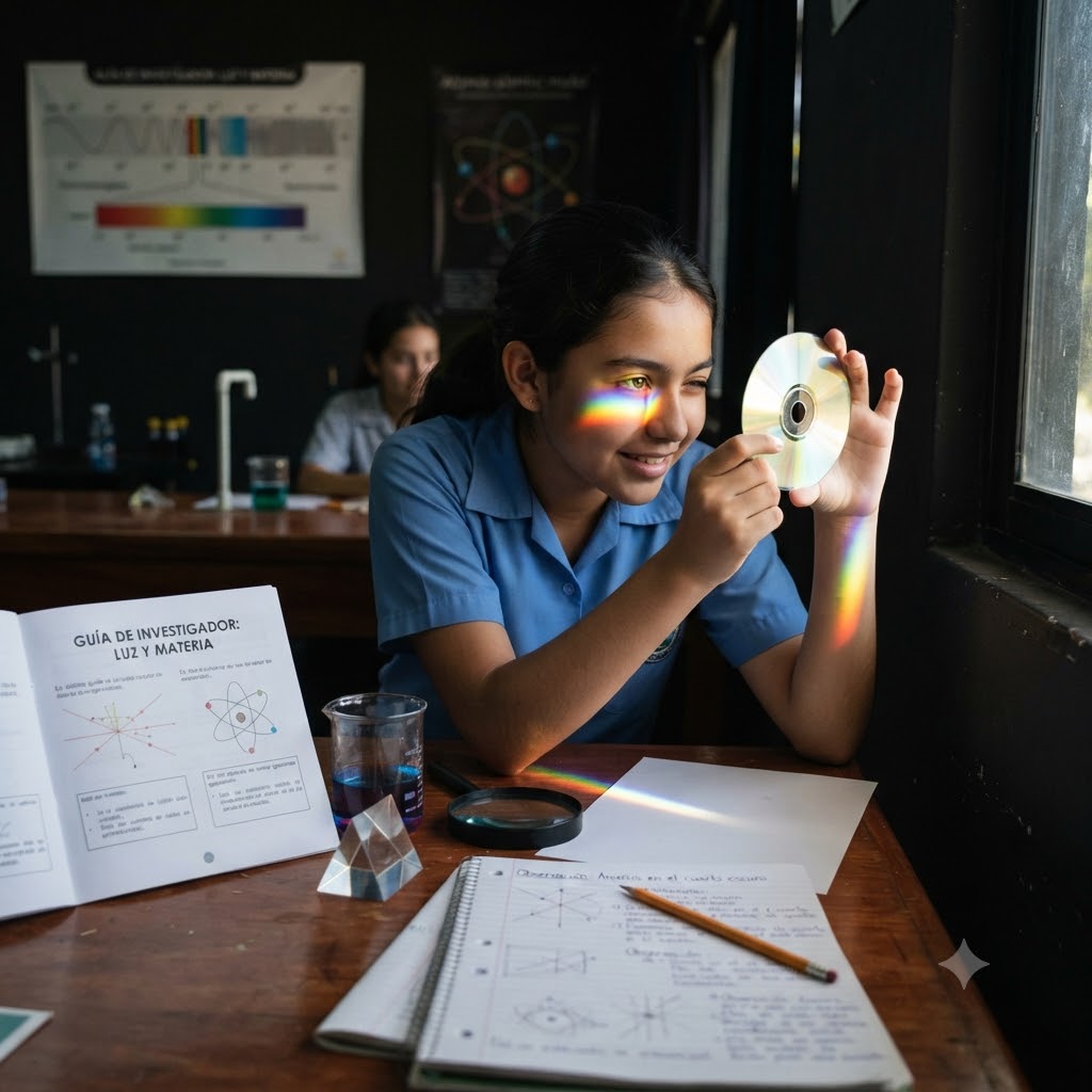 Estudiante de uniforme observa un CD junto a una ventana, proyectando un espectro de luz en su rostro. Sobre la mesa hay una guía abierta, un prisma, un vaso de precipitados con líquido azul, una lupa y un cuaderno con anotaciones y dibujos científicos. Al fondo, pósters de espectros y átomos.