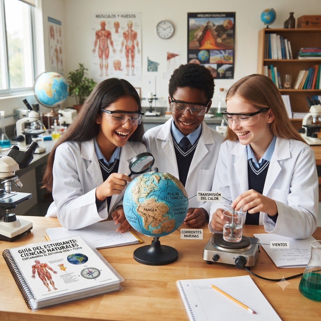 Tres estudiantes de secundaria en un laboratorio con batas y gafas. Una niña señala un globo terráqueo etiquetado con Pangea y placas tectónicas. Otra niña observa un vaso de precipitados sobre una placa calefactora con etiquetas de calor y vientos. Un niño en el centro sonríe. En la mesa hay una guía de estudio con diagramas anatómicos. Fondo de aula de ciencias.