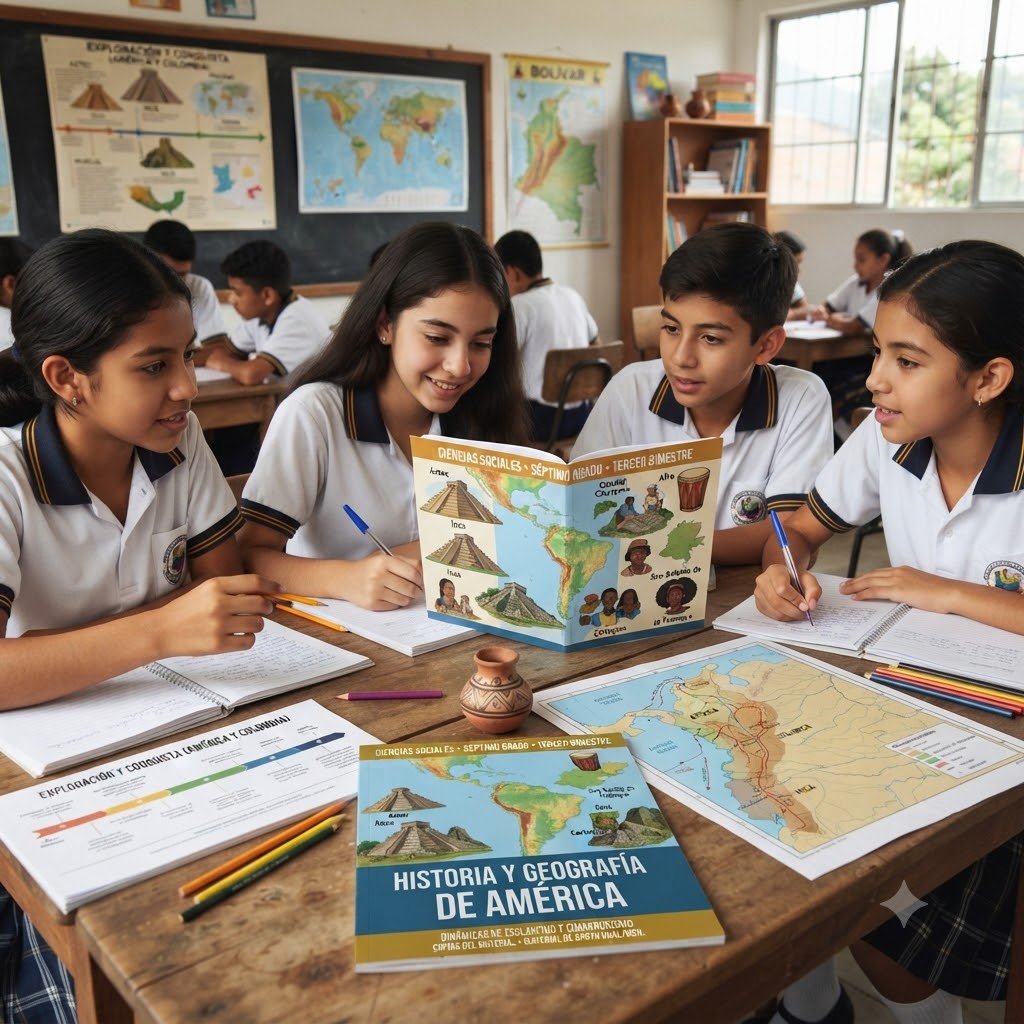 En un aula, cuatro estudiantes con uniforme blanco y azul rodean una mesa de madera. Sobre la mesa hay cuadernos, un mapa desplegado de Colombia y dos libros: uno abierto con la portada titulada "HISTORIA Y GEOGRAFÍA DE AMÉRICA", y otro a la izquierda sobre "EXPLORACIÓN Y CONQUISTA". Al fondo, se ve una pizarra con mapas.