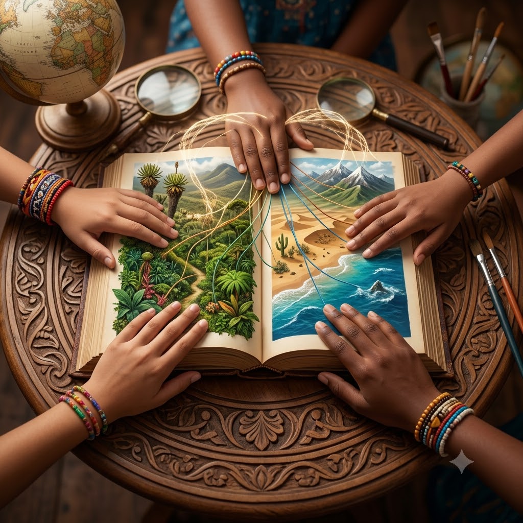 Vista superior de varias manos de distinta tez tocando un libro mágico sobre una mesa de madera tallada. Sus páginas exhiben paisajes tridimensionales de selva, desierto y mar. Hilos luminosos unen las manos con las imágenes. Alrededor hay un globo, lupas y pinceles.