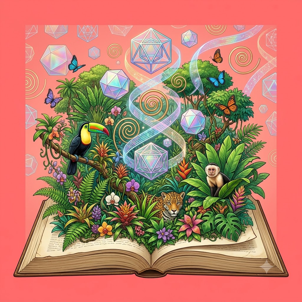 Ilustración cuadrada de un libro abierto de cuyas páginas brota una selva tropical detallada con tucán, mono, jaguar, flores exóticas y figuras geométricas flotantes sobre fondo rojo.