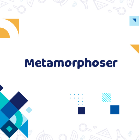 Diseño gráfico que dice "Metamorphoser" en letras azules grandes y oscuras. Hay elementos geométricos de colores amarillo, azul claro y azul oscuro dispersos en las esquinas de la imagen.