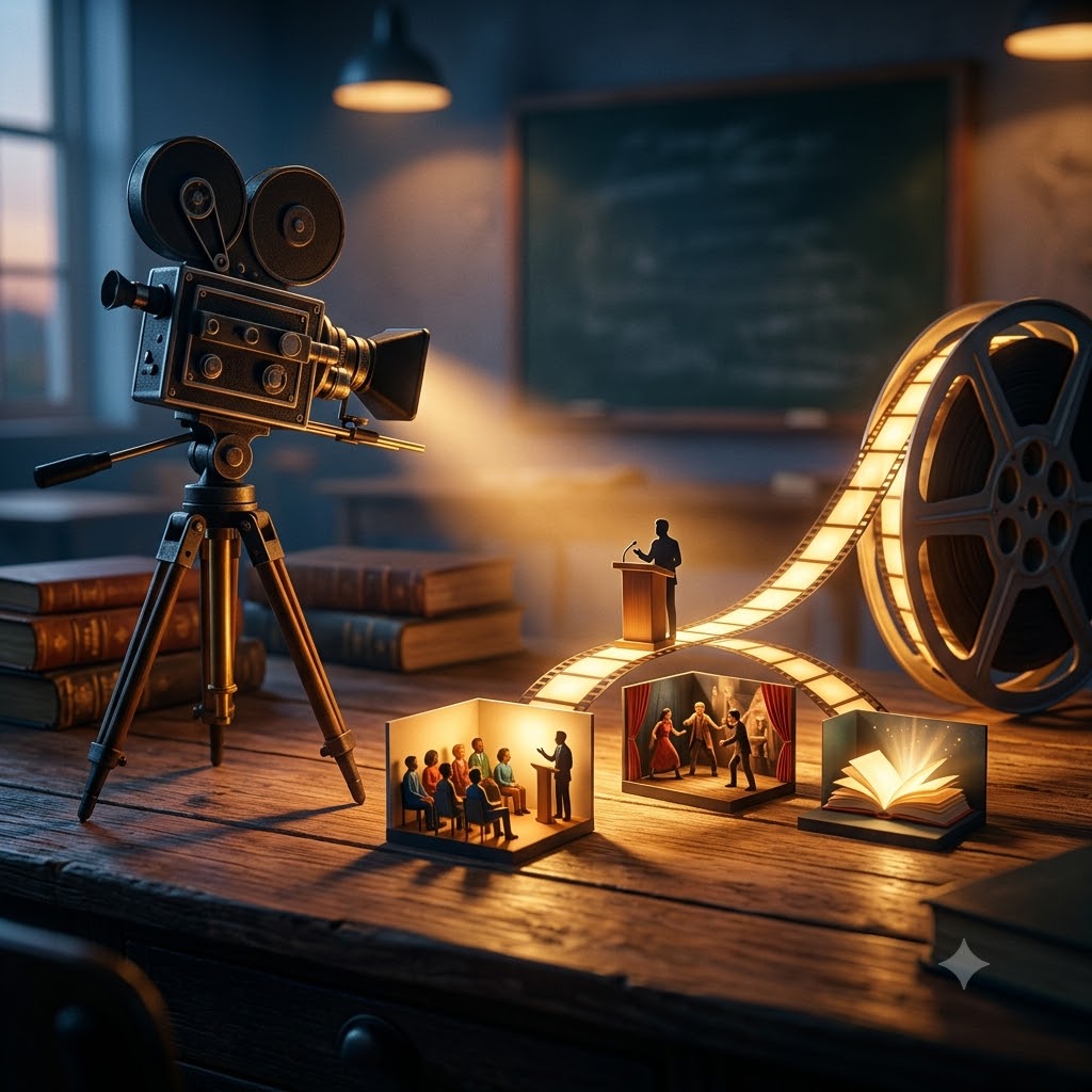 Cámara de cine clásica sobre un escritorio, proyectando luz. Un carrete desenrolla una cinta de película brillante que ilumina tres escenas en miniatura: un público escuchando a un orador, actores en un escenario teatral y un libro abierto resplandeciente. Fondo cálido de estudio.