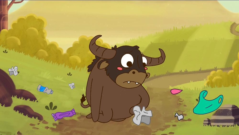 Caricatura de un toro arrodillado recogiendo basura en un sendero campestre.