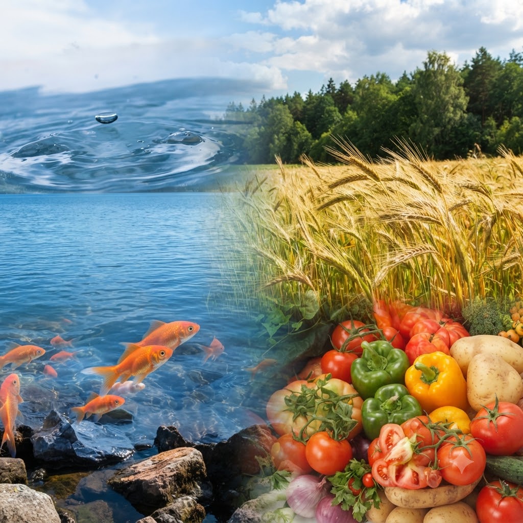 Imagen cuadrada dividida en dos secciones sobre un paisaje natural con cielo nublado. A la izquierda, agua azul cristalina con peces naranjas y una onda superficial. A la derecha, un campo de trigo dorado junto a un bosque y una colorida selección de verduras frescas como tomates, pimientos y papas en primer plano.