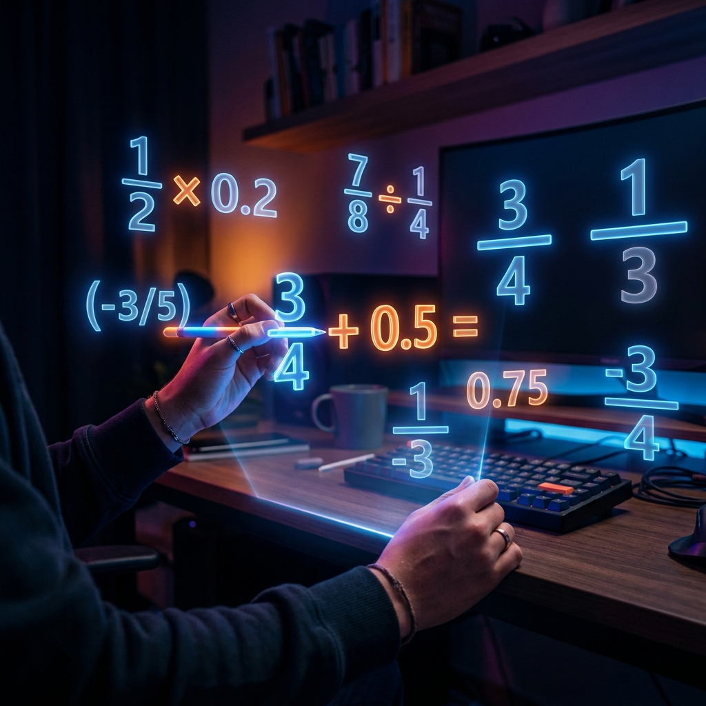 Manos de estudiante organizan operaciones aritméticas con un lápiz digital. En el aire flotan fracciones y decimales en 3D brillantes como '3/4 + 0.5' y '1/2 x 0.2'. Entorno tecnológico oscuro con iluminación de neón azul y naranja y un enfoque selectivo.