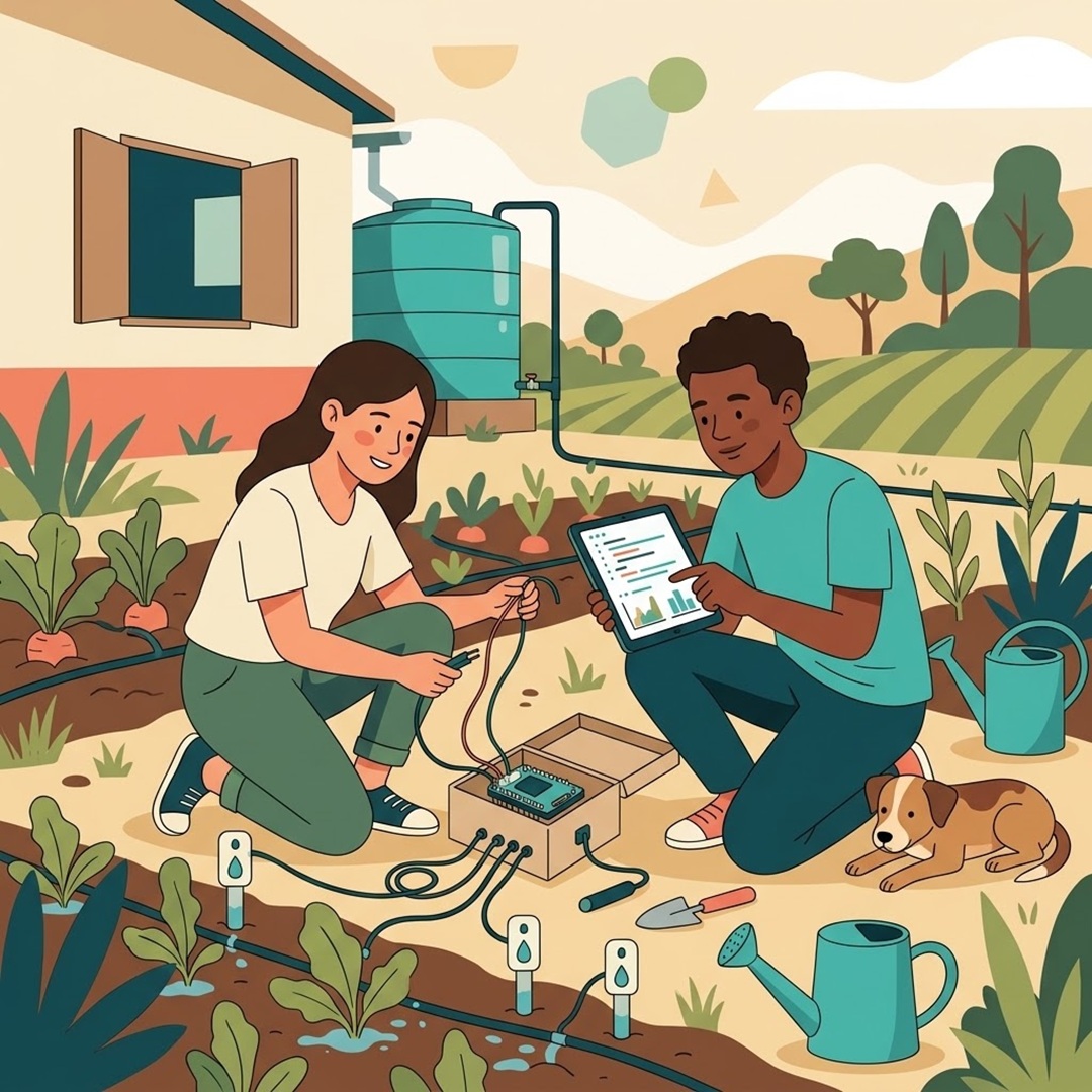 Ilustración plana de dos jóvenes en una huerta escolar rural conectando cables a un sistema de riego con tecnología IoT, mientras uno consulta datos en una tableta. Al fondo, un tanque de agua, cultivos y una escuela. En primer plano, sensores en la tierra y herramientas.