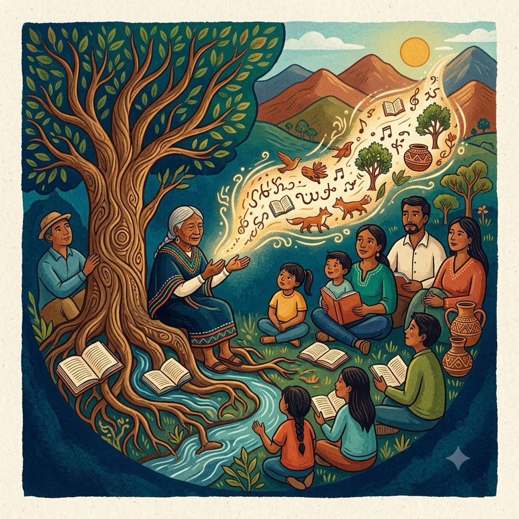 Ilustración: Una anciana bajo un gran árbol comparte saberes. De sus manos brota un flujo luminoso con símbolos, animales y letras. Niños y adultos de la comunidad la escuchan sentados en el pasto. Fondo con montañas, sol y un río naciendo de las raíces.