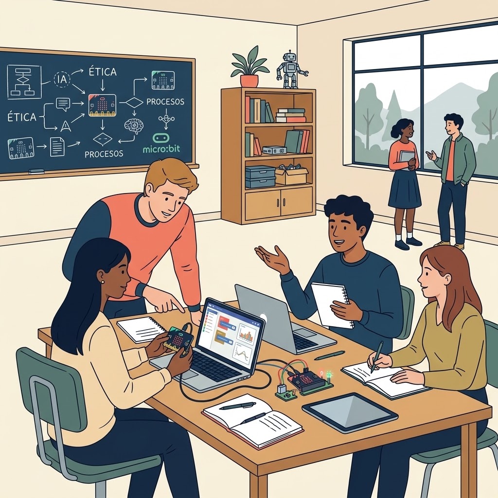 Ilustración de estudiantes de secundaria en un aula debatiendo y programando con placas micro:bit conectadas a portátiles. Al fondo, una pizarra muestra diagramas sobre "ética", "IA" y "procesos". Hay estanterías con libros y un pequeño robot, y otros estudiantes conversando cerca de una ventana