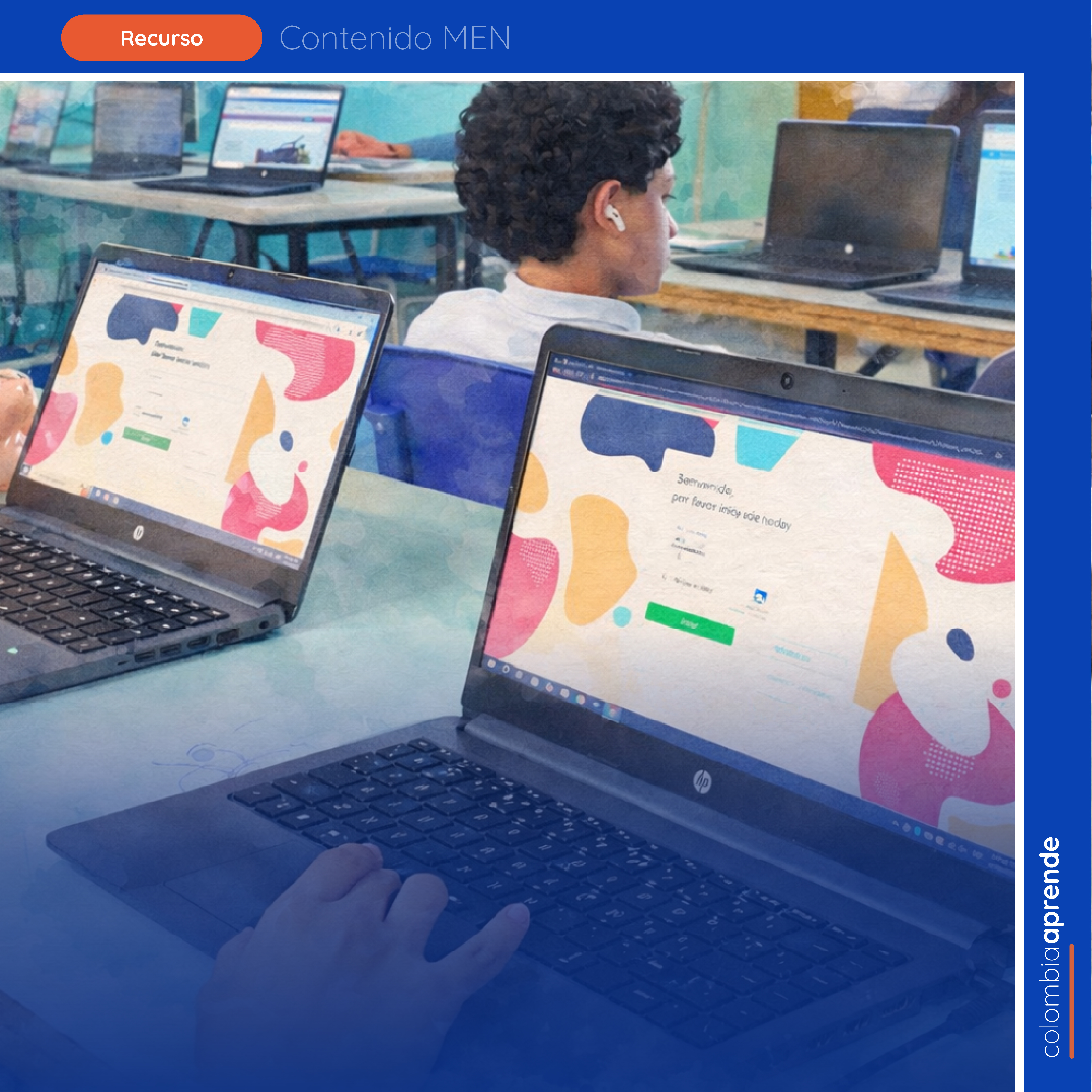 Mano escribiendo en computador y persona al fondo con computador