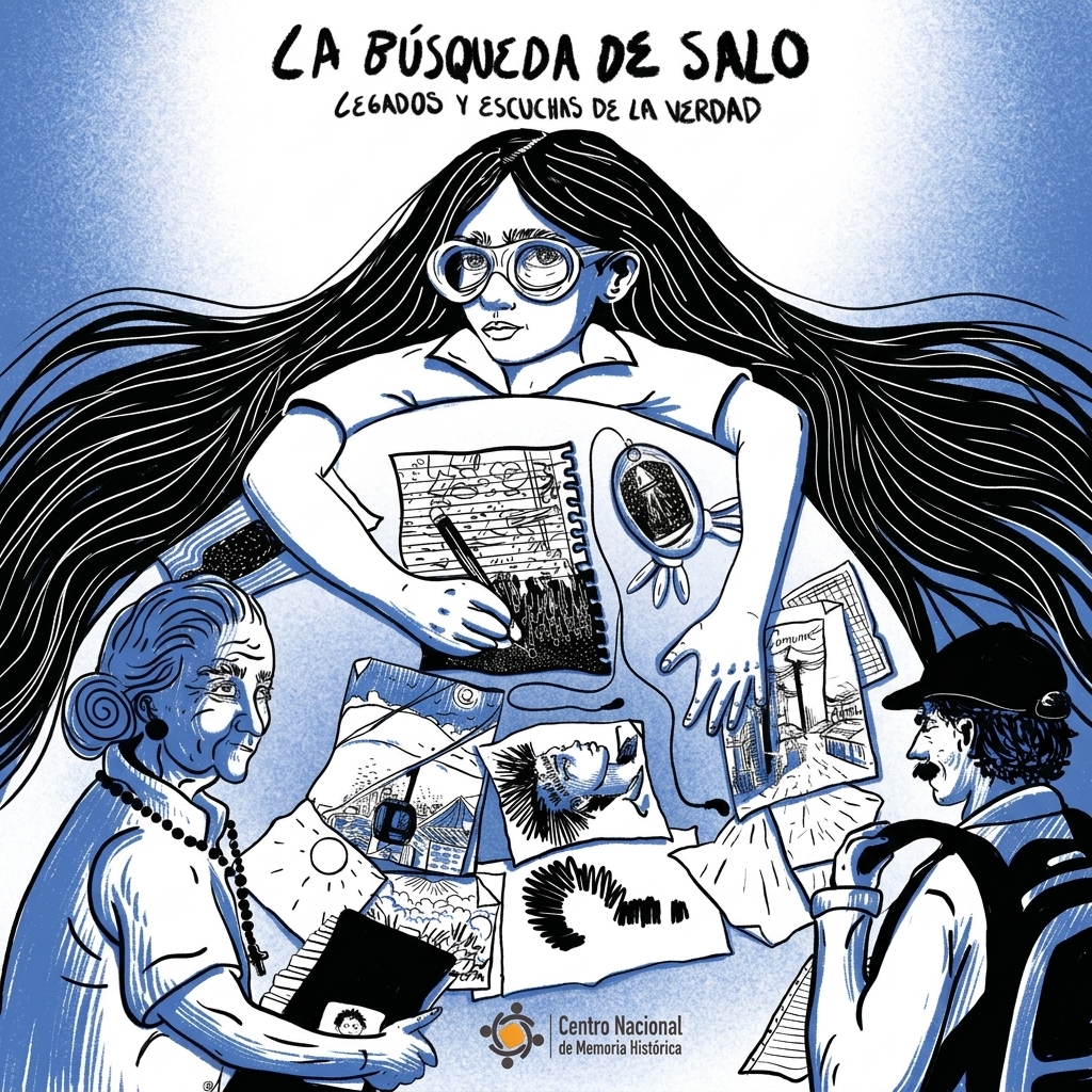 Afiche ilustrado en azul y blanco. En el centro, una joven de cabello largo y gafas escribe en una libreta rodeada de recuerdos. Abajo, un anciano y un joven la observan. Arriba, el título "LA BÚSQUEDA DE SALO" y "LEGADOS Y ESCUCHAS DE LA VERDAD". Logo del Centro Nacional de Memoria Histórica.