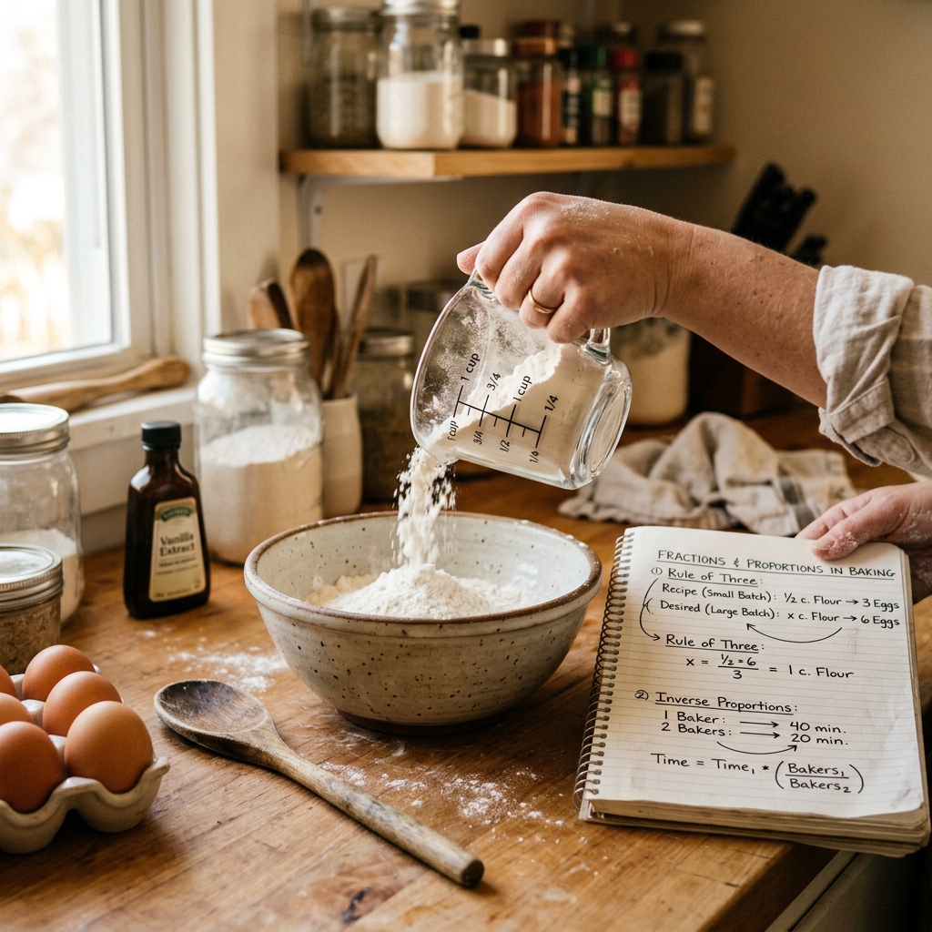 Unas manos vierten harina desde una taza medidora con marcas de fracciones (1/2, 3/4) en un bol. Al lado, un libro de cocina abierto muestra tablas de proporciones escritas a mano bajo luz cálida.