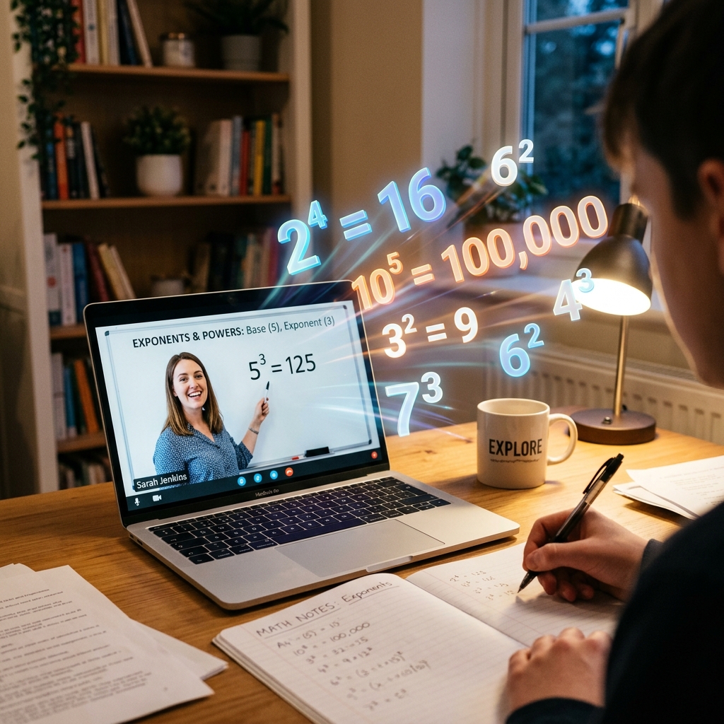 Una laptop sobre un escritorio muestra una videoclase con la fórmula 5³ = 125. Del monitor emergen flotando expresiones de potenciación en 3D brillantes como 2⁴ y 10⁵. La escena tiene un ambiente de estudio realista y acogedor, con luz cálida y enfoque selectivo.