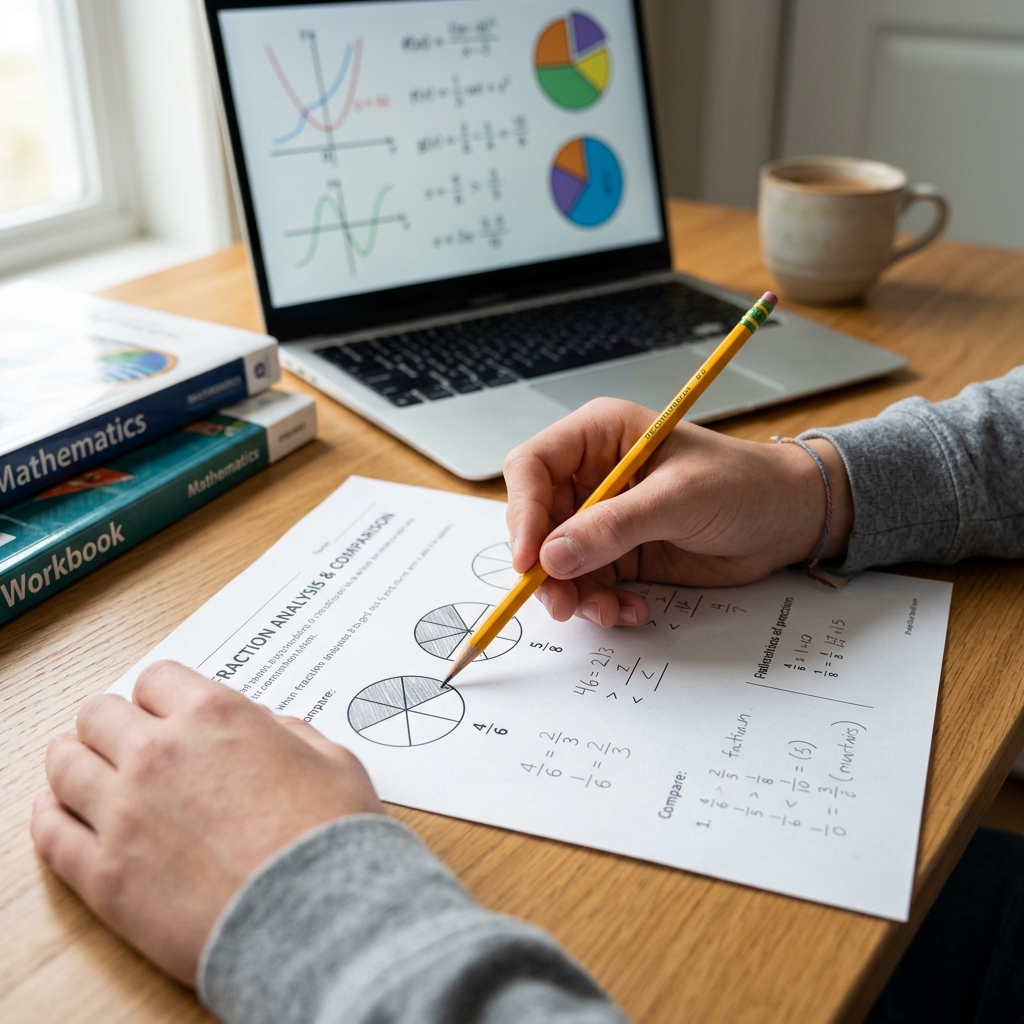 Primer plano realista de manos sobre escritorio de madera apuntando con lápiz a gráficos de fracciones circulares en una guía de estudio. De fondo, una laptop desenfocada con gráficos matemáticos coloridos e iluminación natural brillante.