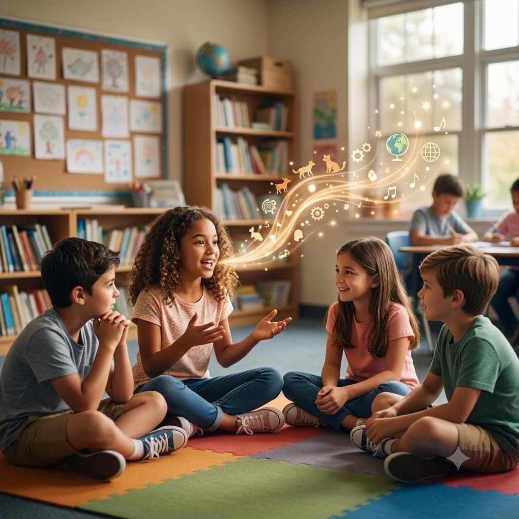 Cuatro niños sentados en círculo en el suelo de un aula. Una niña habla y de su boca emerge una estela mágica brillante con íconos de animales, música y un globo terráqueo, simbolizando la imaginación y la oralidad. Los otros tres niños la escuchan atentamente con una sonrisa.