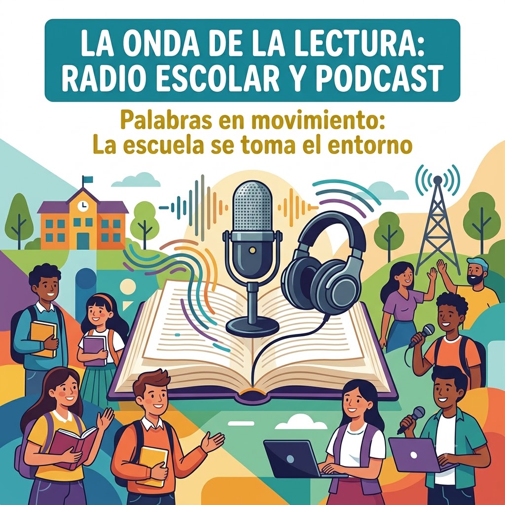 Al centro, un gran libro abierto con micrófono, auriculares y ondas sonoras. Alrededor, estudiantes diversos leen, usan laptops y micrófonos. De fondo, una escuela y una antena de transmisión.