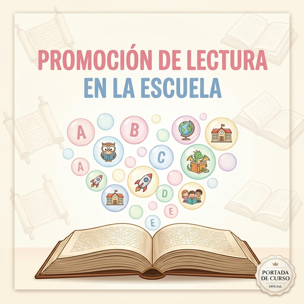 Muestra un libro abierto del que emergen burbujas con letras (A-E) y pequeños dibujos (búho, escuela, globo, cohete, niños, dragón). Fondo claro con siluetas de libros y un sello inferior de "Portada de curso oficial".