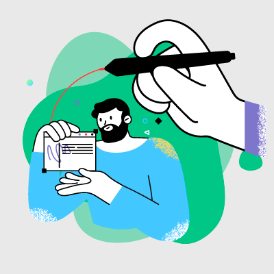 Ilustración de una mano dibujando a un hombre con un computador